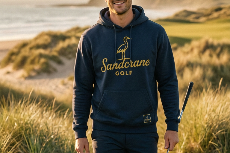 Man walking on a golf course wearing a Sandorane Golf hoodie and pants.