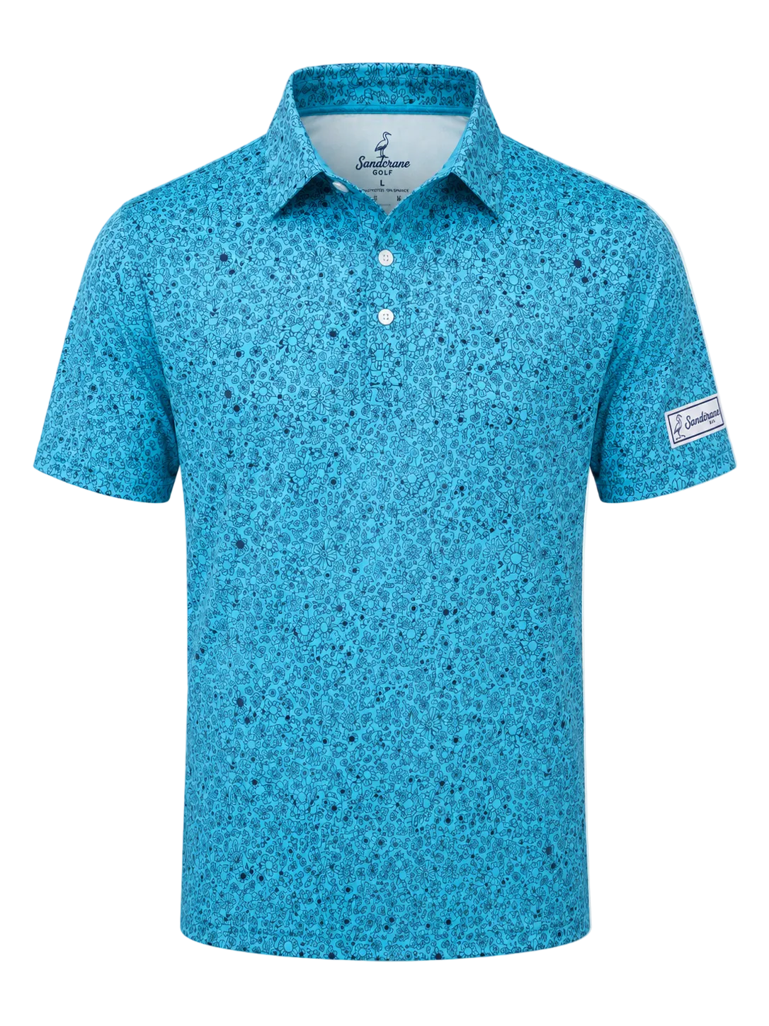Blue patterned polo shirt on a light gray background