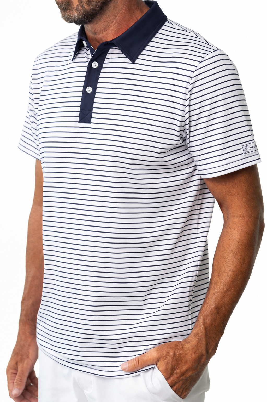 A man wearing a short-sleeve polo shirt with thin navy horizontal stripes on a white base, featuring a solid navy collar and button placket.