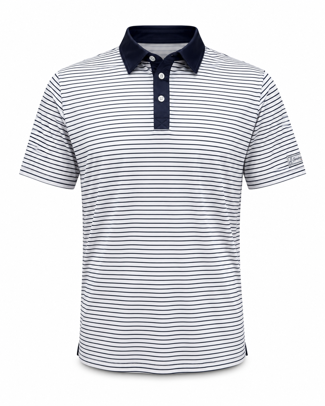 A short-sleeve polo shirt with thin navy horizontal stripes on a white base, featuring a solid navy collar and a three-button placket.