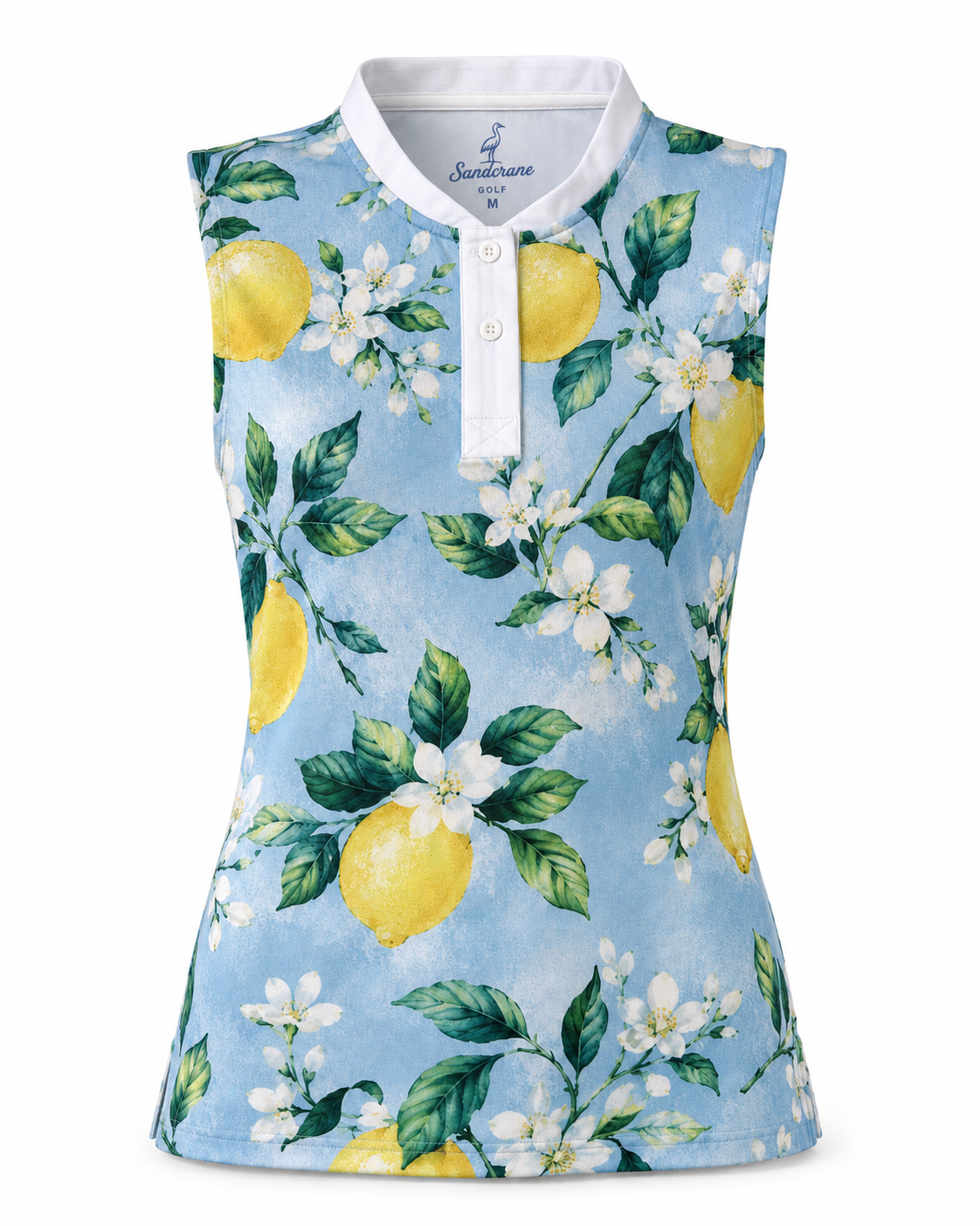 A sleeveless polo shirt with a light blue background and a watercolor-style lemon and white flower print, featuring a white collar and three-button placket. The brand name 'Sundstrand' is visible on the inner neck label.