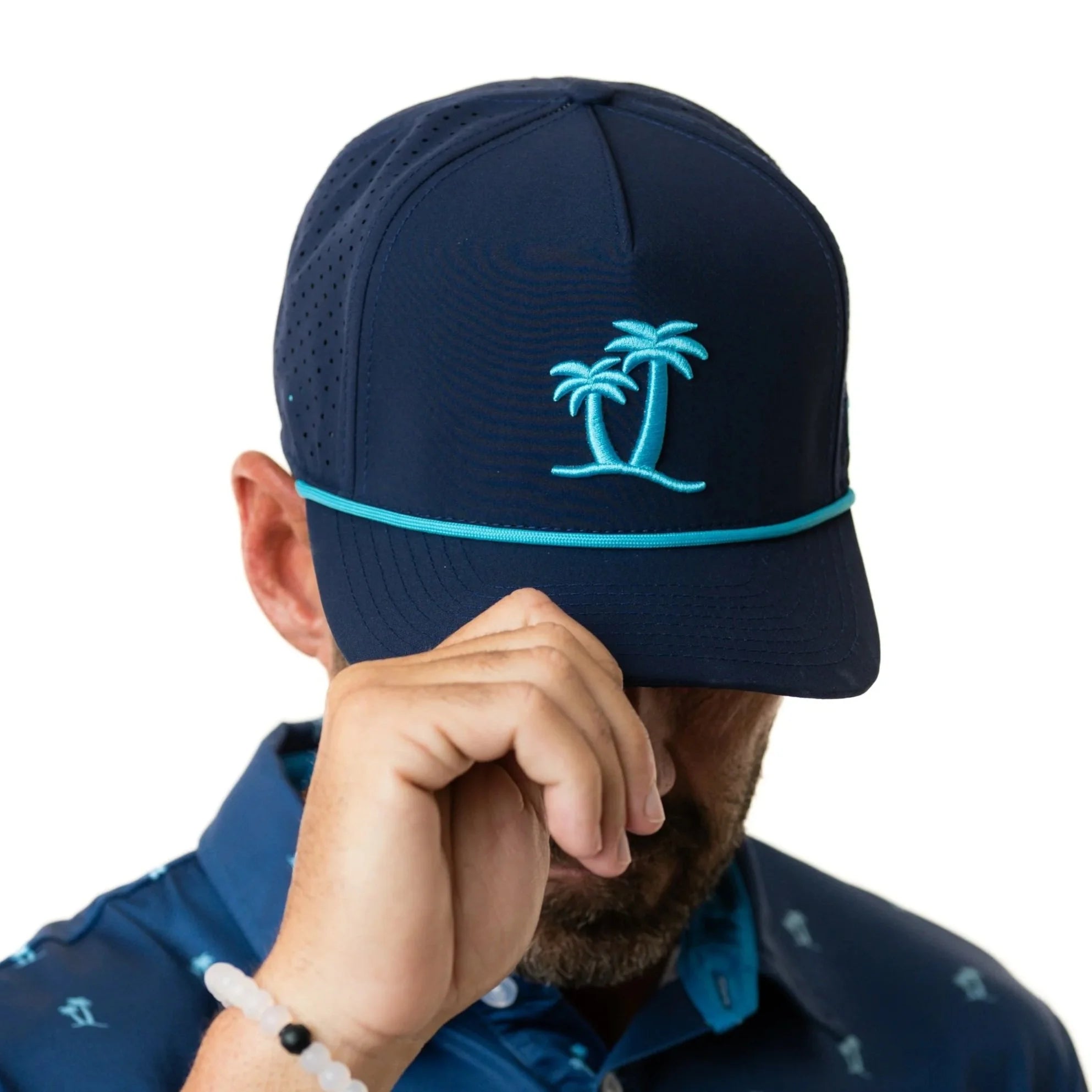 Navy Twin Palm - 5 Panel Rope Hat