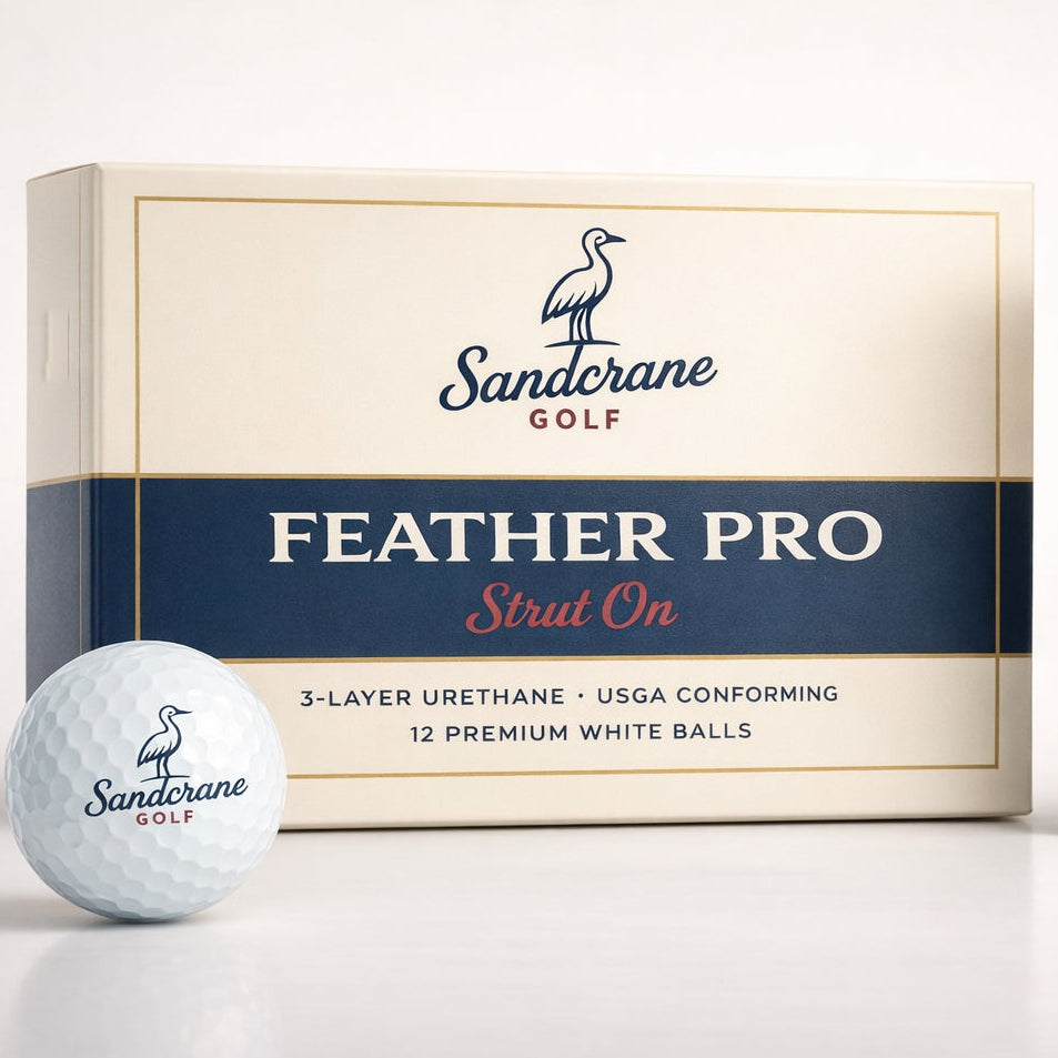 Sanderane Golf Feather Pro golf balls and packaging on a white background